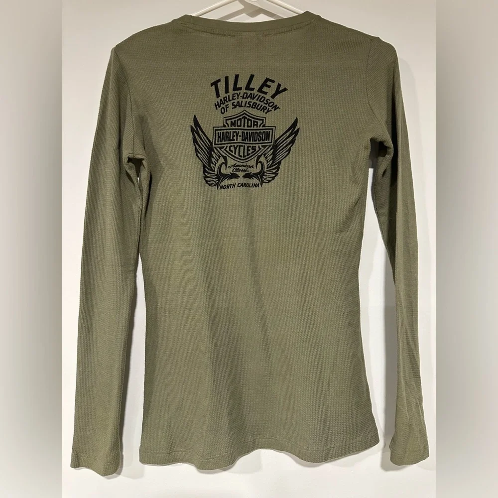 Harley Davidson Long Sleeve Thermal Womens Green Skull Cross Wrench Medium - Picture 3 of 5